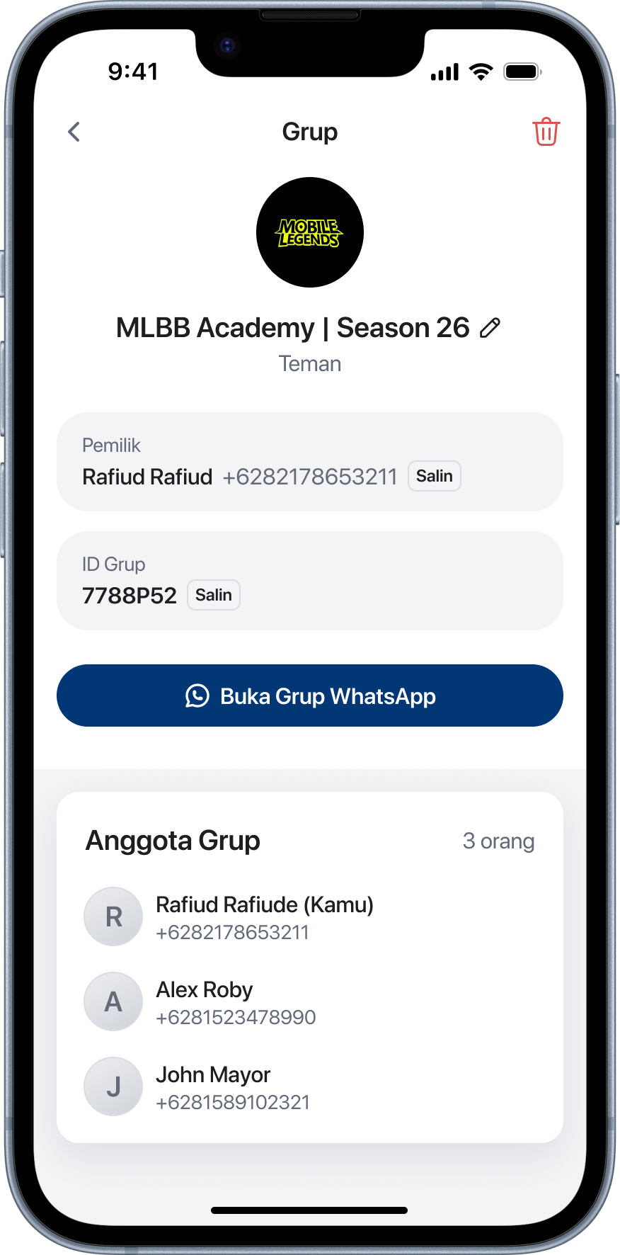 Detail Grup - Info grup, token, dan anggota